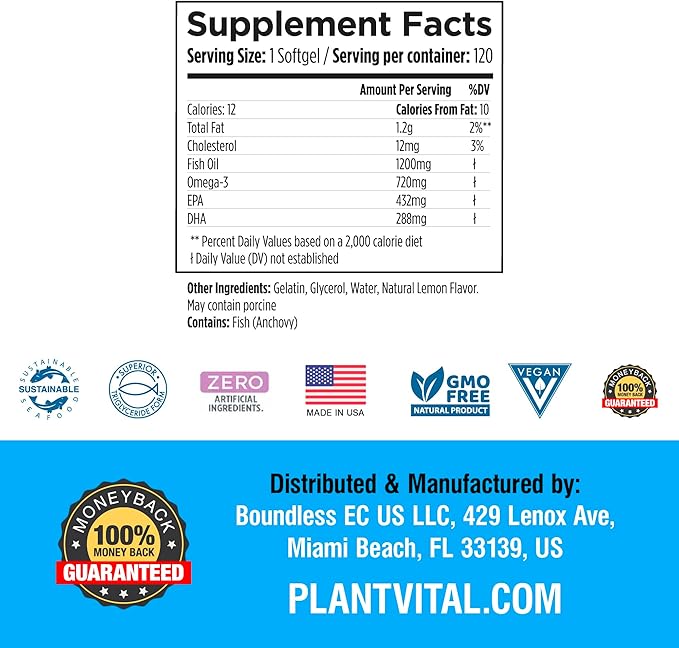 Plantvital Omega 3 Capsules- Pure Norwegian Omega 3 Fish Oil Supplements - Triple Strength- No Fish Flavor- Molecularly Distilled- Cognitive, Joint, Eye, Hair and Heart Health support-120 Capsules
