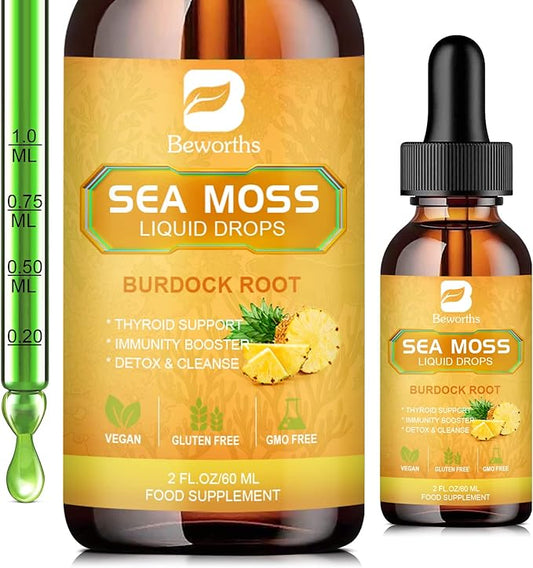 Sea Moss Liquid Drops - Organic Irish Sea Moss Gel with Spirulina, Bladderwrack, Burdock Root, Seamoss Gel Supplement for Immune, Joint, Detox Cleanse & Digestion Support - 2 Fl Oz, Vegan