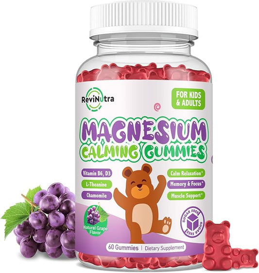 Magnesium Gummies for Kids - Magnesium Glycinate, L-Threonate Supplement with L-Theanine, Vitamin B6, D3 for Adults & Kids - Support Calm, Sleep, Relaxation, Brain, Bones, Sugar Free Grape 60ct
