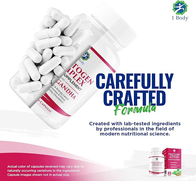 1 Body Ashwagandha Complex Supplement, Focus and Energy Support, 120 Vegan Capsules