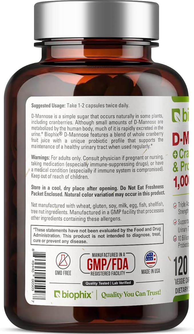 biophix D-Mannose 1000mg Capsules with Cranberry & Probiotics - D Mannose Supplements for Women - D-Mannose Pills for Urinary Tract & Bladder Health Support - Digestive Well-Being - 120 Vcaps