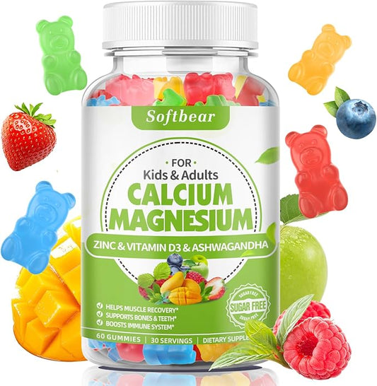 softbear Calcium Magnesium Zinc Gummies for Women, Calcium Magnesium Supplement Chewable Calcium 600 mg with Vitamin D3 for Bone Strength Vegan Mixed Fruit Flavor 60 Gummies