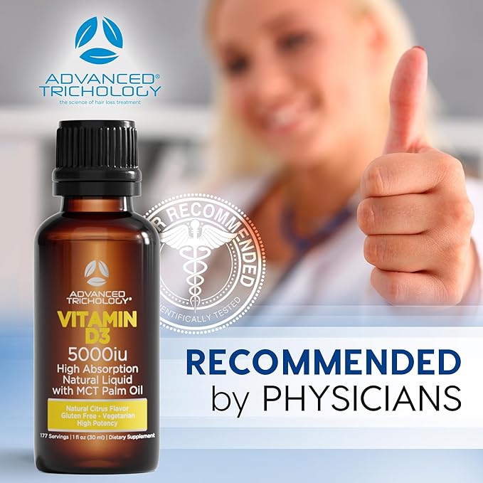 Advanced Trichology Vegetarian Liquid Vitamin D3-5000 iu High Absorption - 1000 iu per Drop - 6 Month Supply - Gluten Free 365 VIT D