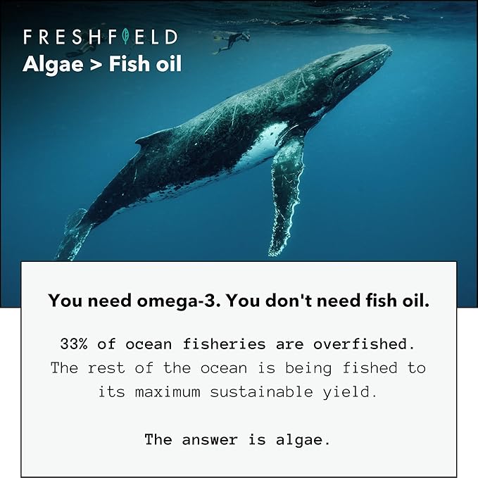 Freshfield Vegan Omega 3 DHA: Algae Oil, Carrageenan Free, Sustainably Sourced, Tested, No Heavy Metals, Replacement for Fish Oil, Carbon Neutral. Supports Heart, Brain, Joint Health w/DPA