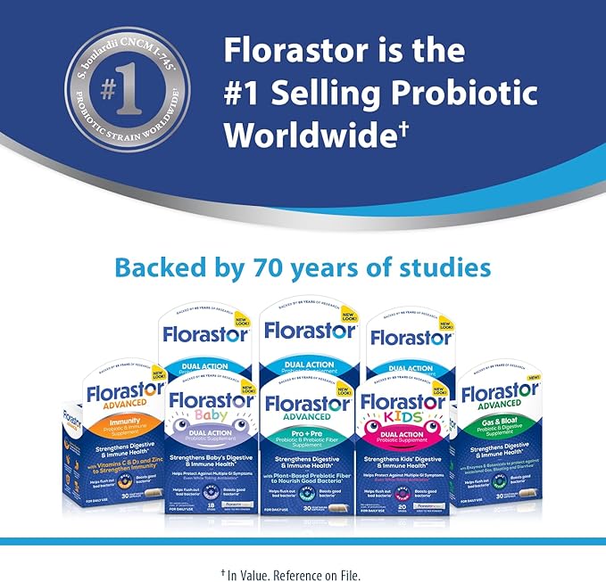 Florastor Probiotics for Digestive and Immune Health, 54 Capsules, Probiotics for Women & Men, Helps Flush Out Bad Bacteria, Boosts The Good with Our Strain Saccharomyces Boulardii, Packaging May Vary