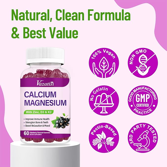 Calcium Magnesium Zinc Gummies with Vitamin D3 and K2, High Absorption Magnesium Glycinate Potassium for Immune and Muscles, Vegan Elderberry Flavor 60 Gummies