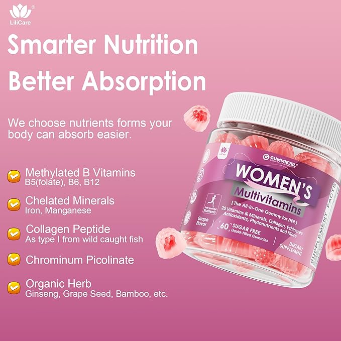 Womens Multivitamin Gummy with Iron, Biotin 2500mcg, Collagen, Keratin, Daily Vitamins A C D E Folate, B Complex, Methylated Multivitamin for Women Support Energy, Beauty, Immune, Sugar Free, 60 Count