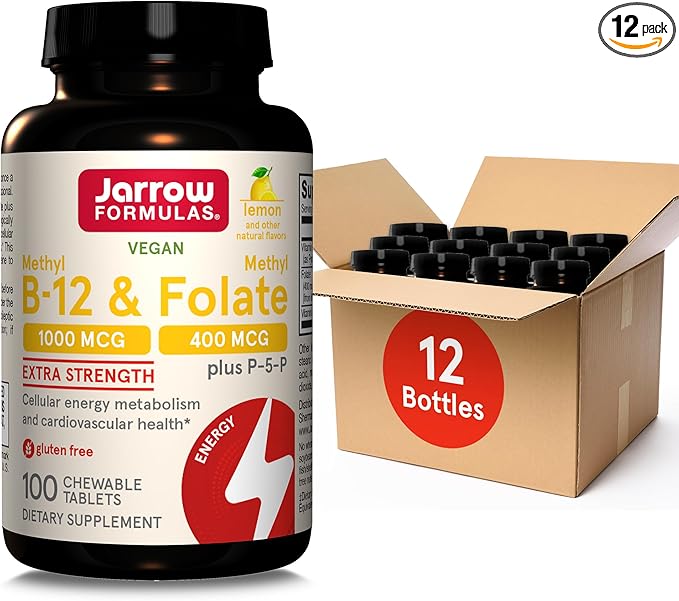 Jarrow Formulas Methyl B-12 1000MCG & Methyl Folate 400MCG,Extra Strength,Cellular Energy Metabolism & Cardiovascular Health Formula(1) With P-5-P,100Chewable Tabs,Up to a 100 Day Suppl,12Packs