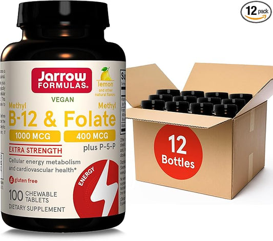 Jarrow Formulas Methyl B-12 1000MCG & Methyl Folate 400MCG,Extra Strength,Cellular Energy Metabolism & Cardiovascular Health Formula(1) With P-5-P,100Chewable Tabs,Up to a 100 Day Suppl,12Packs