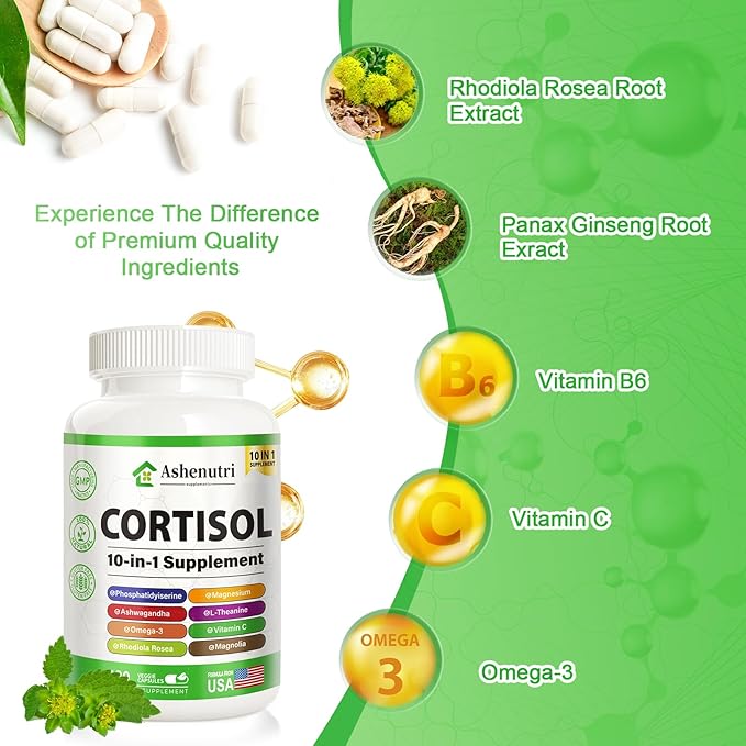 10-in-1 Cortisol Supplement with Magnesium,Ashwagandha,Rhodiola Rosea,L Theanine,Hormone Balance for Women 120 Vegan Capsules