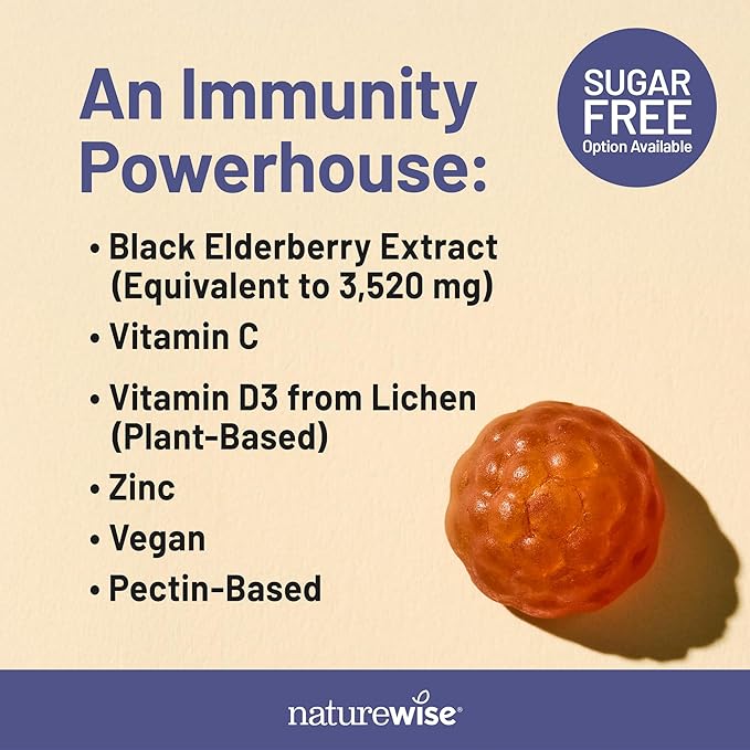 NatureWise Sambucus Elderberry Gummies - Immune Support Supplement for Kids Ages 4+ & Adults with Vitamin C, D3, Zinc - Elderberries Equivalent to 3520mg - Vegan, Non-GMO - 90 Count[45-Day Supply]