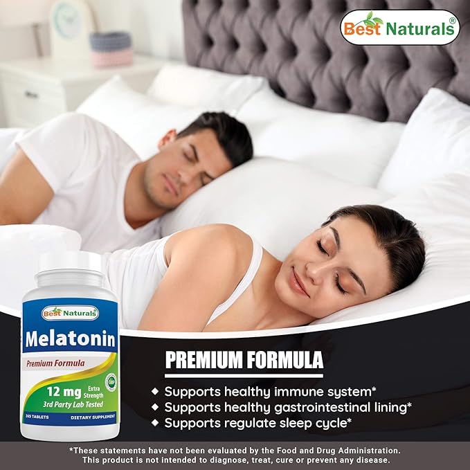 Best Naturals Melatonin 12 mg (1 Year Supply) - Drug-Free Nighttime Sleep Aid - Melatonin for Sleep and Relaxation, 365 Count (365 Count (Pack of 3))