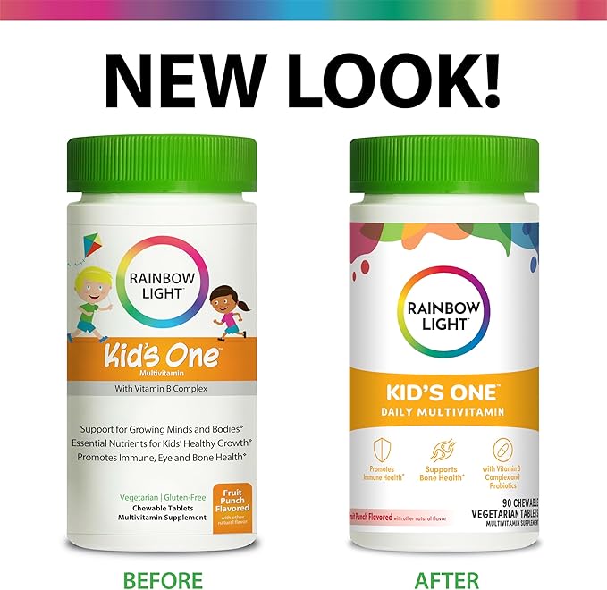 Rainbow Light Kids One Multivitamin, Chewable Multivitamin for Kids Provides Healthy Growth and Immune Support, With Vitamin C, Zinc, & B Complex, Vegetarian and Gluten Free, Fruit Punch, 90 Count