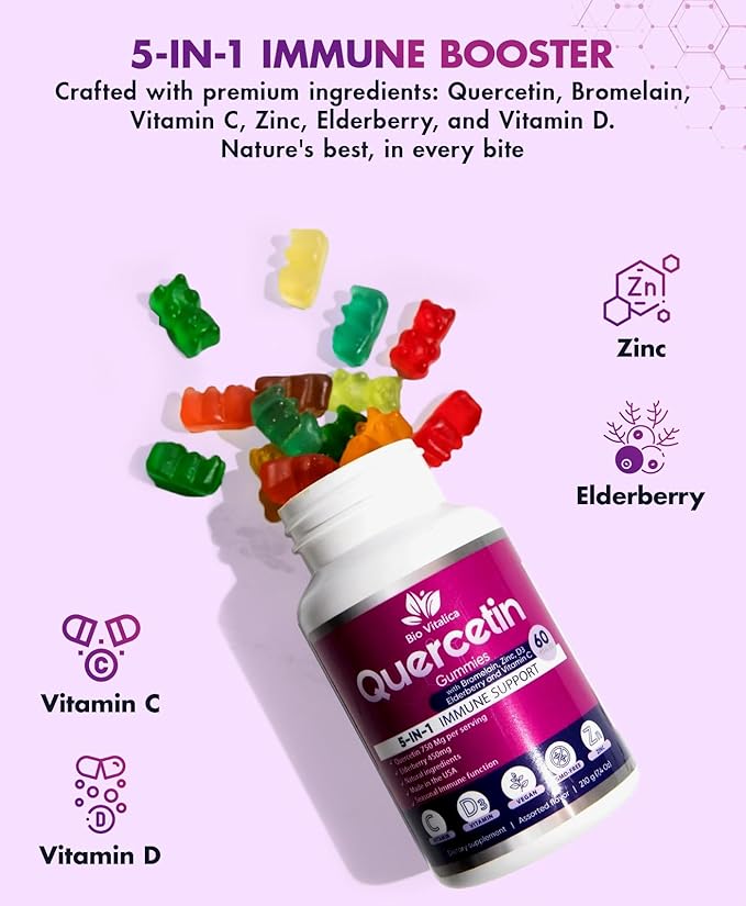 BIO VITALICA Quercetin Gummies by BioVitalica - Quercetin with Bromelain Vitamin C and Zinc & Elderberry + Vitamin D3-5 in 1 Immune Support - Zinc Quercetin 750 mg for Kids and Adults (1)