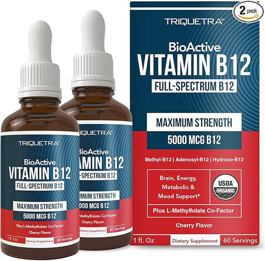 Organic Vitamin B12 - 5000 mcg, 3 BioActive Forms B12: Methyl B12, Adenosyl B12 & Hydroxy B12 - Plus L-Methylfolate Cofactor | Sublingual Form, Cherry Flavor, Vegan, Non-GMO (120 Servings - 2 Pack)