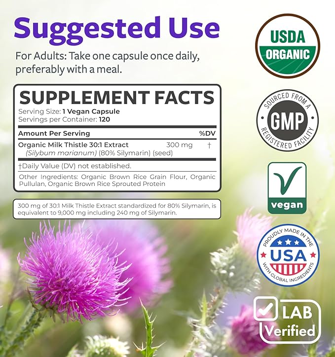 USDA Organic Milk Thistle Capsules - 80% Silymarin Supplement for Liver Support- Super Concentrated 300mg of 30:1 Milk Thistle Extract Equivalent to 9,000mg - Milk Thistle Liver Detox 120 Day Supply