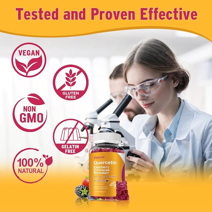2 Packs Quercetin with Bromelain Gummies, Elderberry, Echinacea, Vitamin C D Zinc - Immune System Support 120 Counts Pure Quercetin Supplements Gummies for Kids & Adults