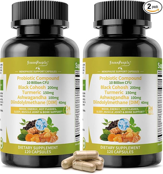 Menopause Supplement for Women - Hormone Balance for Women Night Sweats,Hot Flashes,Mood Swings,Black Cohosh/Ashwagandha/Turmeric/Probiotic Compound - 120(2 Packs) Vegan Gluten-Free