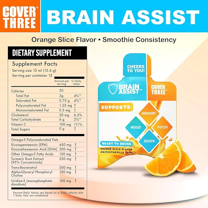 Cover Three Brain Assist Brain Supplement, Nutritional Focus Supplement with Curcumin, Uridine, Orange Slice Liquid Brain Support Formula, High Performance Memory Supplements (6 Boxes)