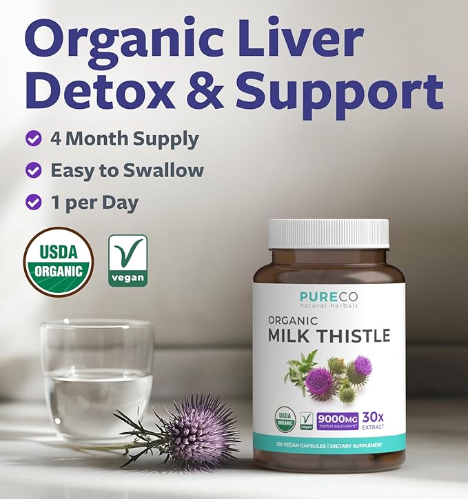 USDA Organic Milk Thistle Capsules - 80% Silymarin Supplement for Liver Support- Super Concentrated 300mg of 30:1 Milk Thistle Extract Equivalent to 9,000mg - Milk Thistle Liver Detox 120 Day Supply