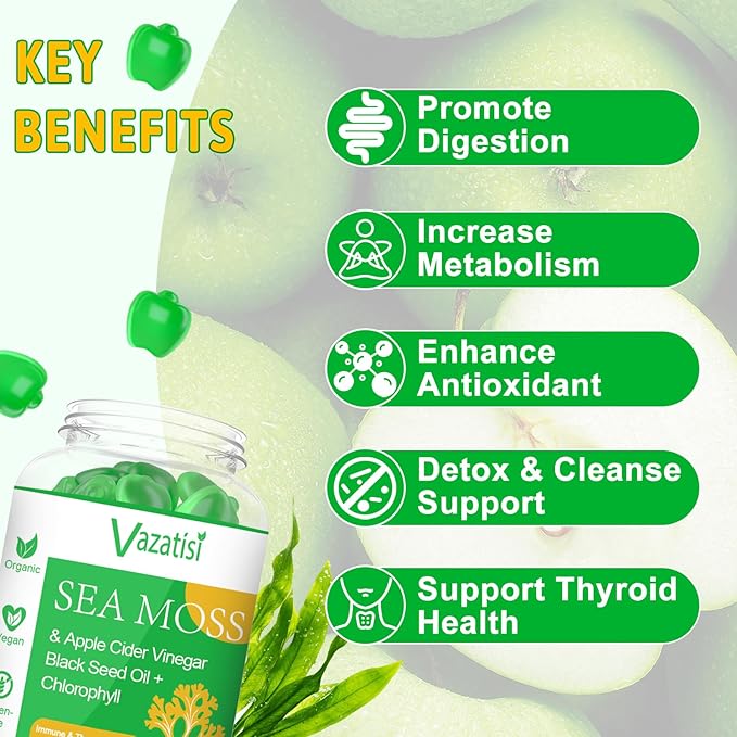 2 Pack Organic Irish Sea Moss Gummies with Black Seed Oil, Chlorophyll - Thyroid, Mood, Energy & Immune Support - Women & Men, Adult & Kid - 120 Vegan Gummies