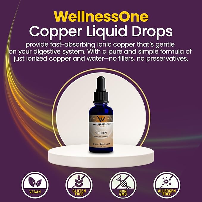 WellnessOne Liquid Copper Supplements - Immune Support & Also Great for Nerve & Bone Health - Copper Supplement Drops Maximizes Iron Absorption for Kids, Men & Women - 1.67 fl oz