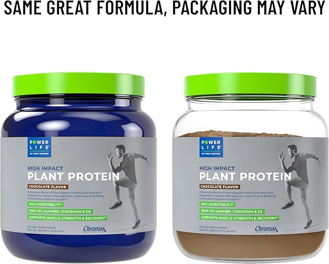 POWERLIFE Tony Horton High Impact Plant Protein Powder with 3000 MG of HMB, Plant-Based, No Sugar Added, Vegan, Keto Friendly, Non-GMO (Chocolate - New Formula)