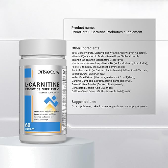 L-Carnitine Probiotics Supplement, Contains L-Carnitine, Probiotics, Green Coffee Powder, Yerha Mate Extract, Garcinia Cambogia Extract, Vitamin B Complex, Vitamin A, Vitamin C 60 Capsules