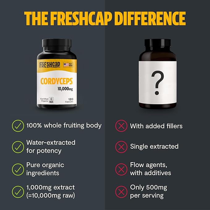 FreshCap Cordyceps Mushroom Capsules 10,000mg - Cordyceps Extract Mushroom Supplement, Mushroom Extract, Energy Supplements, Ayurveda Nootropic Mushroom Supplements (120 Capsules)