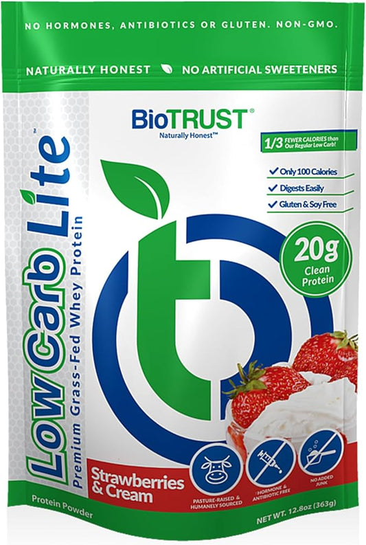 BioTrust Low Carb Lite, 20 Grams of Grass-Fed Whey Protein Isolate, 100 Calories, ProHydrolase Digestive Enzymes, Non-GMO, Free from Soy and Gluten, rBGH-Free (14 Servings) (Strawberries and Cream)