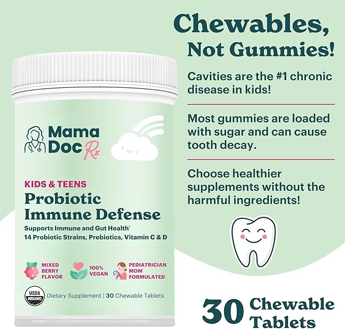 Certified Organic Kids & Teens Probiotic Immune Defense - 5 Billion CFUs | Sugar Free, Vegan, Gluten-Free | 14 Probiotic Strains, Prebiotics, Vitamin C & D | 30 Chewable Tablets, Ages 4+
