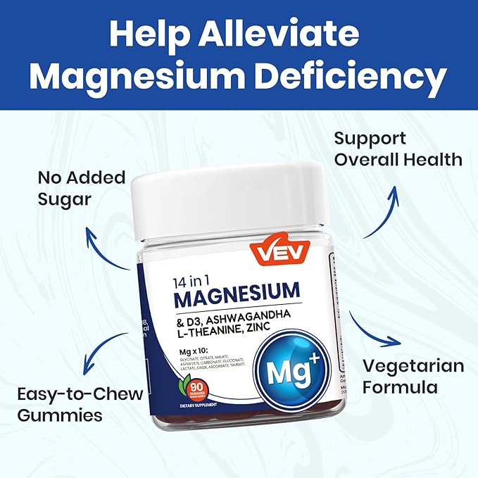 VEV DeepCalm 14-in-1 Magnesium Complex Gummies – with Ashwagandha, L-Theanine, D3 & Zinc – Cortisol Supplements for Women – 90 Sugar-Free Vegan Magnesium Glycinate Complex Gummies