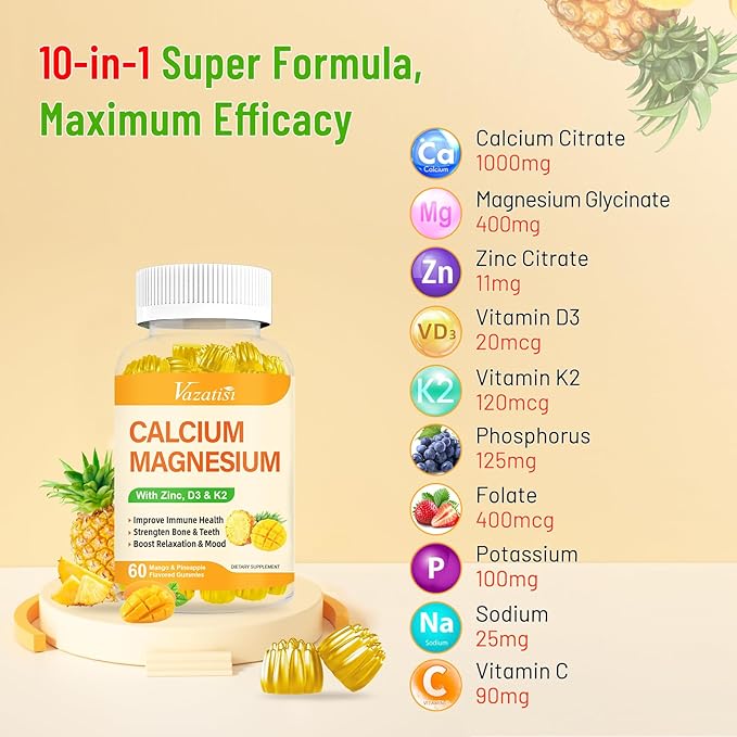 Calcium Magnesium Zinc Gummies with Vitamin D3 and K2, High Absorption Magnesium Glycinate Potassium for Immune and Calm Mood, Vegan Mango and Pineapple Flavor 120 Gummies