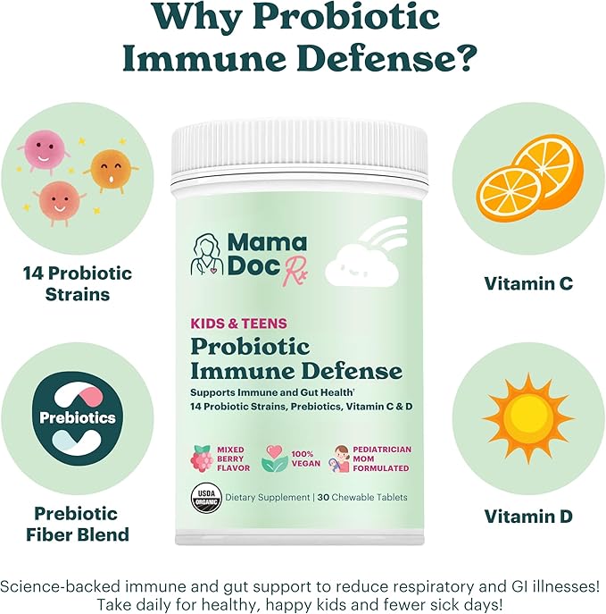 Certified Organic Kids & Teens Probiotic Immune Defense - 5 Billion CFUs | Sugar Free, Vegan, Gluten-Free | 14 Probiotic Strains, Prebiotics, Vitamin C & D | 30 Chewable Tablets, Ages 4+