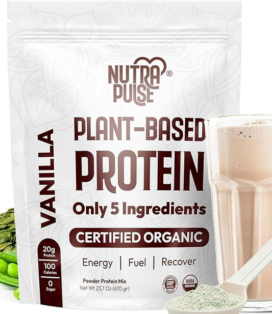 Organic Vegan Protein Powder – Vanilla Flavor, Plant-Based, Gluten-Free, Non-GMO, 20g Protein Per Serving, Ideal for Smoothies, Shakes, Baking, Cooking (1 Pack, 20 Servings)
