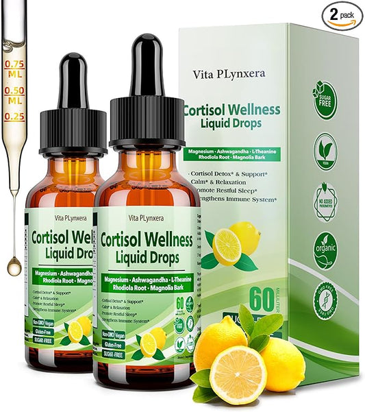 2 Pack Cortisol Supplement Liquid Drops, 17-in-1 Cortisol Detox w. Magnesium Glycinate 400mg Ashwagandha, L-Theanine, Phosphatidylserine, Hormone Balanced for Women, Mood Focus, Sleep Support