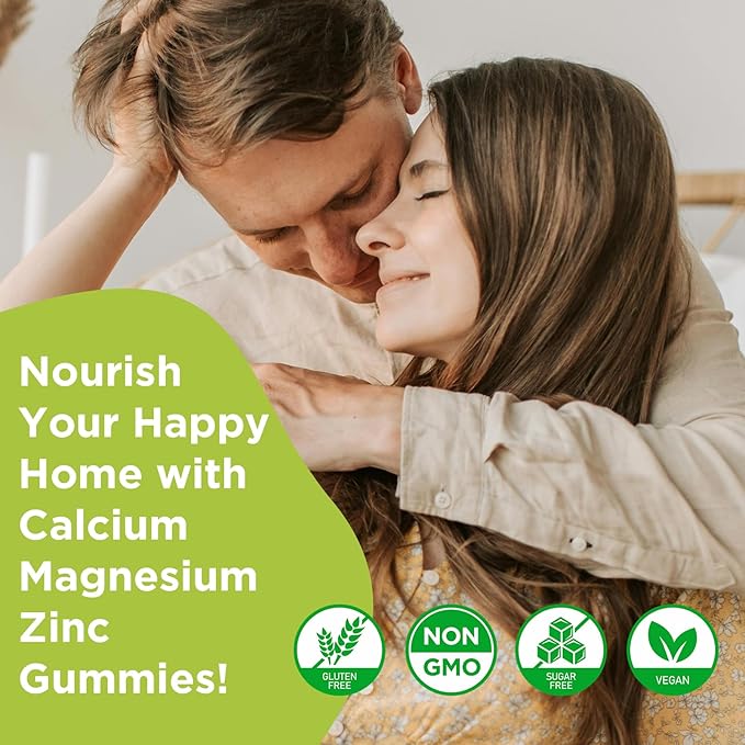 Calcium Magnesium Zinc Supplement with Vitamin D3, Sugar Free Calcium Gummies for Women Men, High Potency Magnesium Gummies for Bone & Muscle & Immune Health, Mixed Flavors - 60 Count