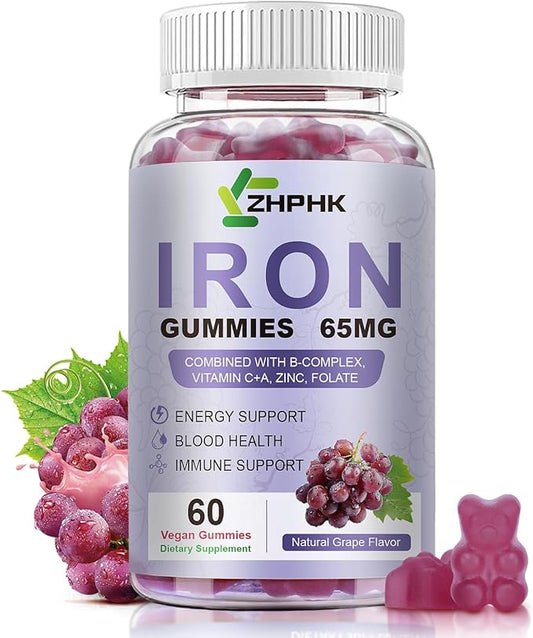 Iron Supplement for Women and Men, Grape Flavored Gummies 65mg and 250mg Vitamin C & Folate for Iron Deficiency and Anemia, Energy Support & Immune Health, 60 Count