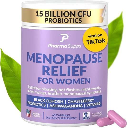 Natural Menopause Supplements for Women - Perimenopause Supplements for Hormonal Balance, Bloating & Mood Swings | Hot Flashes Menopause Relief w/Probiotics & Prebiotics, Black Cohosh & Chasteberry