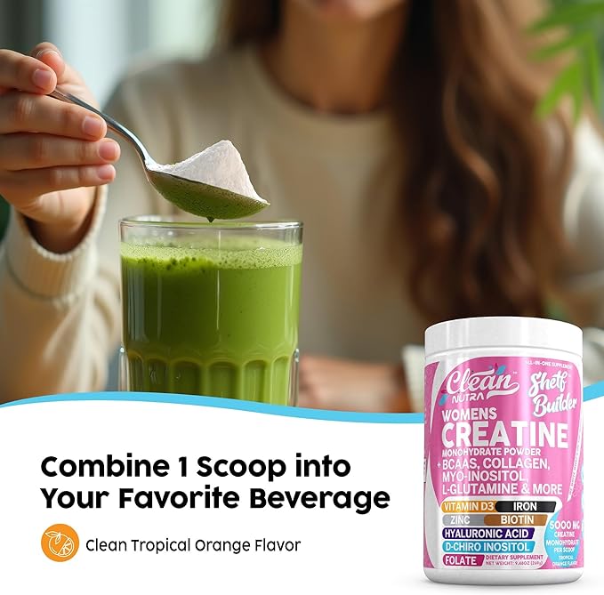 Creatine for Women | Creatine Monohydrate + BCAA Powder Myo-Inositol Collagen Biotin Hyaluronic Acid Folate L Glutamine Vitamin D3 Iron Zinc D-Chiro-Maca Digestion Shelf Builder by Clean Nutra