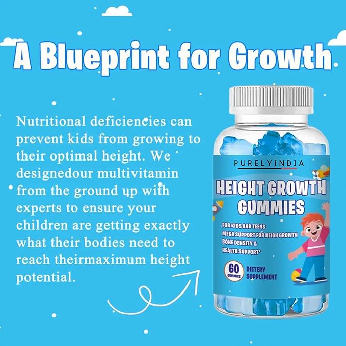Height Growth Gummies for Kids & Teens – Enriched with Ashwagandha, Calcium, Vitamin D & K for Healthy Bone Development, Non-GMO, 60 Gummies, Ages 5+