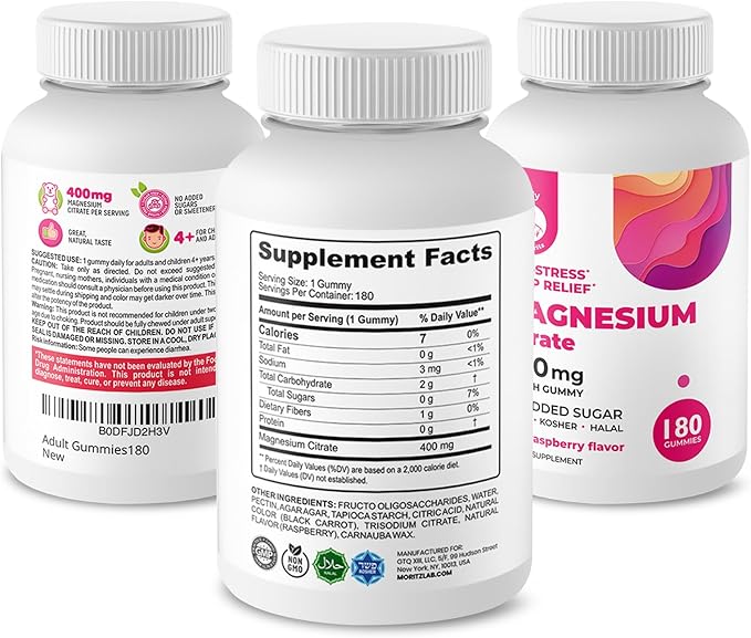 DR. MORITZ Magnesium Gummies for Adults - Low-Sugar 400 mg - Easy to Chew Adult and Kids Magnesium Citrate Gummies (180 Count) - Raspberry Flavored