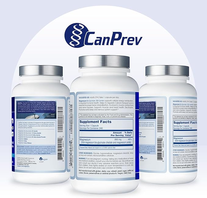 CanPrev Magnesium BisGlycinate Gentle 200mg, 240 v-Caps 240-Day Supply - Pure Elemental Magnesium Supplement, Supports Bone and Muscle Function, Gentle on Stomach, Perfect for Daily Magnesium Needs