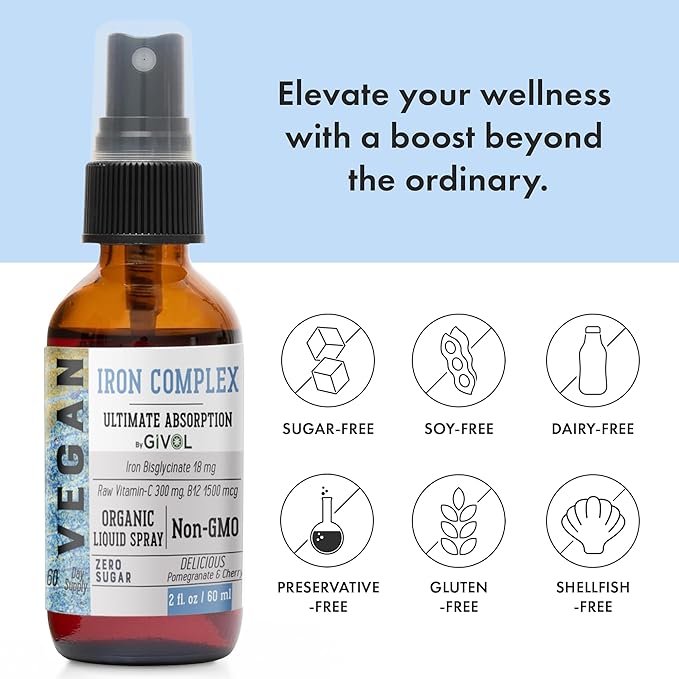 Iron Supplement - 18mg Bisglycinate Complex with Vitamin C & B12 for Energy & Immunity Boost, Vegan Liquid Spray, Optimal Absorption - Non-GMO, Sugar-Free, (60 ml) 60 Days Supply