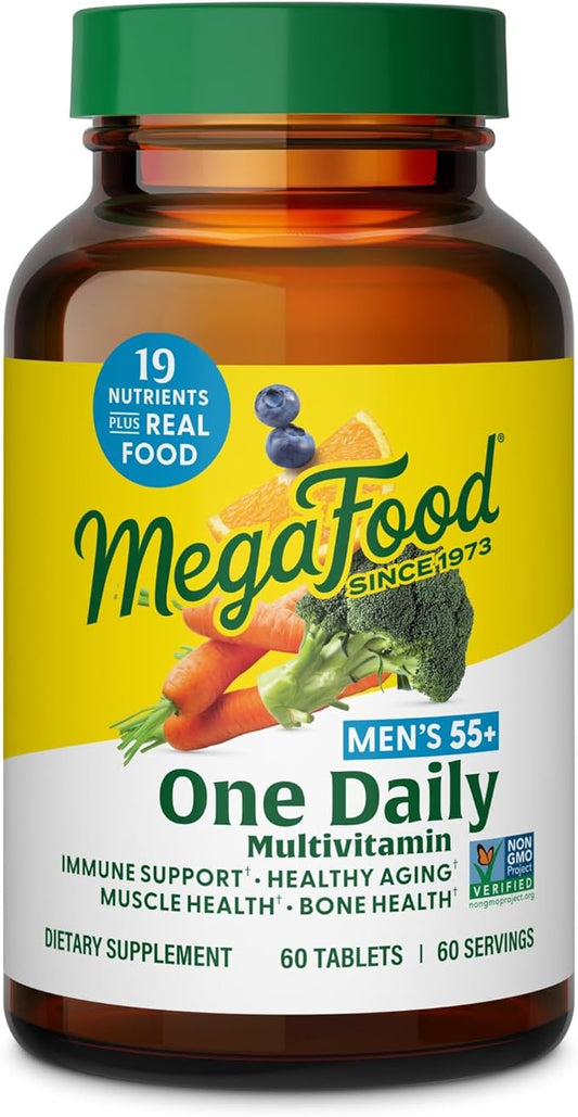 MegaFood Men's 55+ One Daily - Multivitamin for Men with Vitamin B12, C, D & Zinc - Optimal Aging & Immune Support Supplement - Vegetarian - Made Without 9 Food Allergens - 60 Tabs
