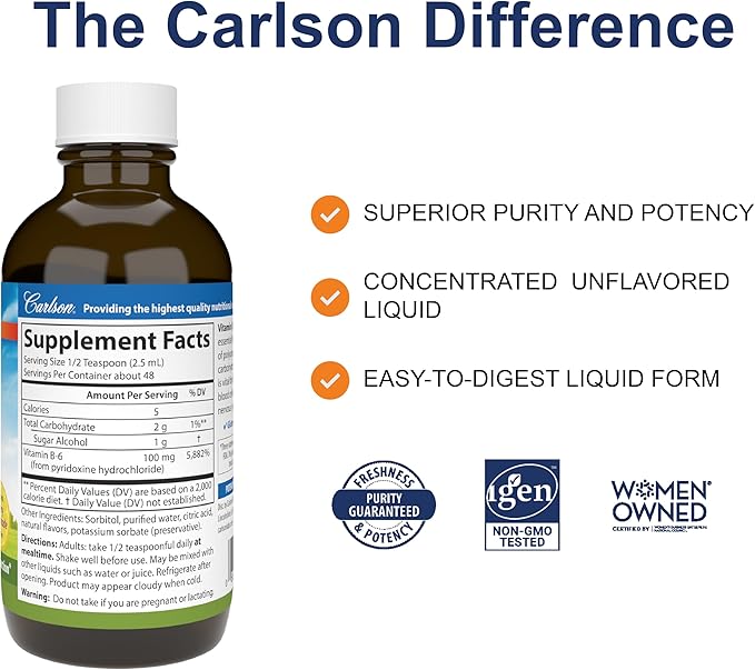 Carlson - B-6 Liquid, Vitamin B-6, Energy Production, Heart Health, Berry Lemonade Flavor, 120 mL (4 Fl Oz)