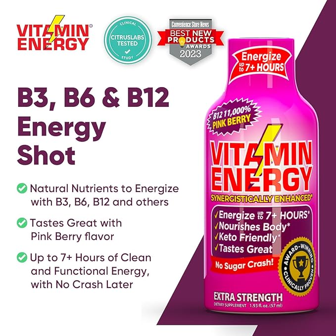 Vitamin Energy B12 11,000% Extra Strength Energy Shot Pink Berry 48 Pack, 260mg Natural Caffeine, B12 & B6, Nootropic Focus, Vitality, Zero Sugar, Gluten-Free, Vegan, Kosher, 1.93 fl oz