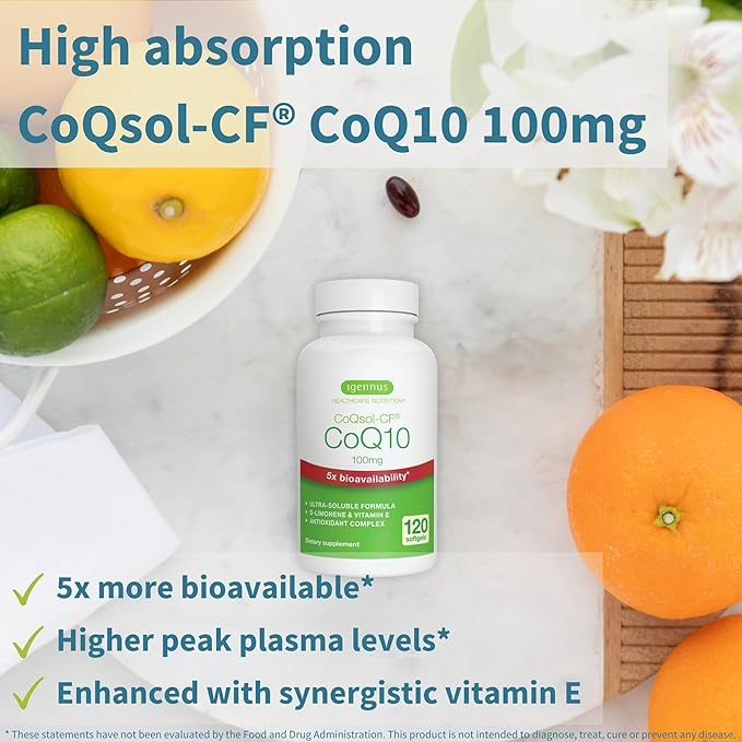 Igennus Advanced CoQ10 100mg, 5X Bioavailability CoQsol-CF Boosted with D-Limonene, 120 1-a-Day Servings, Heart & Energy, Ubiquinone Coenzyme Q10 & Vitamin E Antioxidant