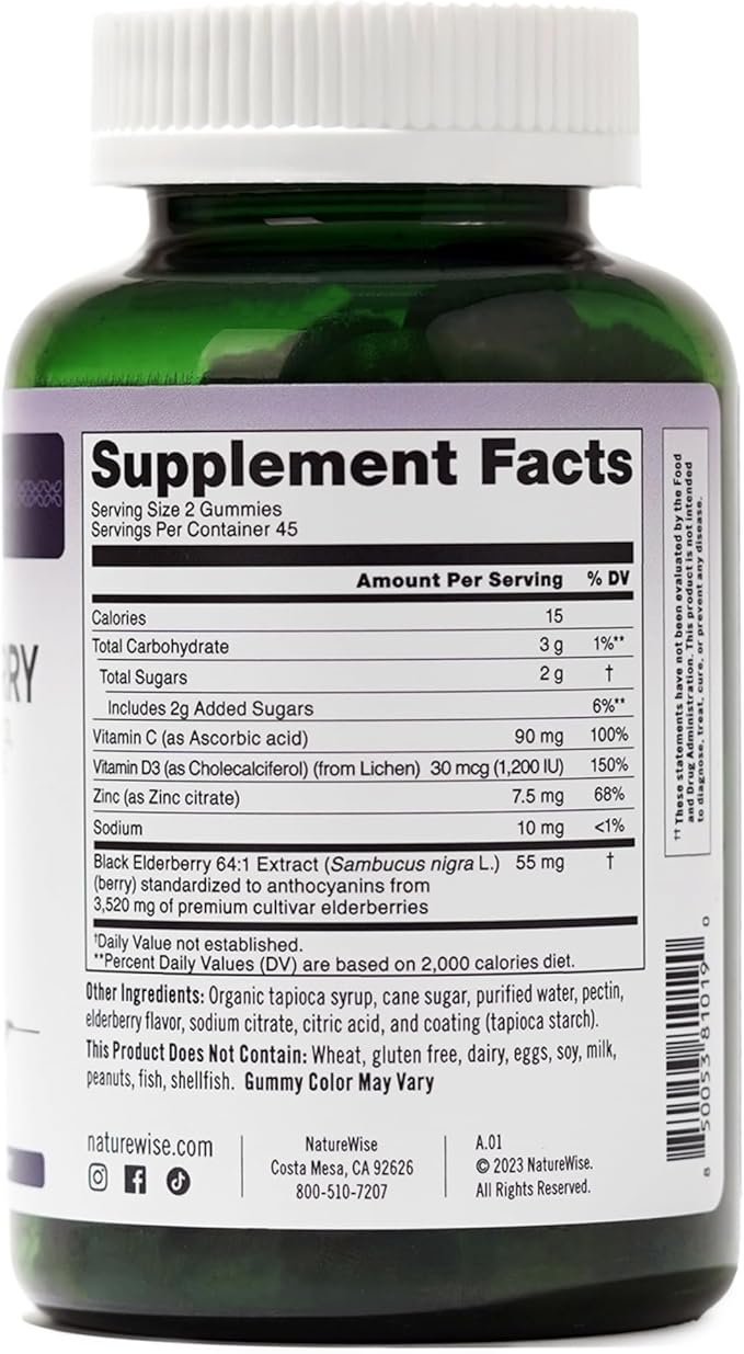 NatureWise Sambucus Elderberry Gummies - Immune Support Supplement for Kids Ages 4+ & Adults with Vitamin C, D3, Zinc - Elderberries Equivalent to 3520mg - Vegan, Non-GMO - 90 Count[45-Day Supply]