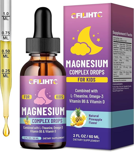 Kids Magnesium Liquid Drops-Magnesium Glycinate Liquid for Kids, L-Threonate Supplement-w/L-theanine, Omega-3, Vitamin B6, D3 - for Sleep, Relaxation, Brain, Bones - Pineapple Flavor, 2 Fl Oz